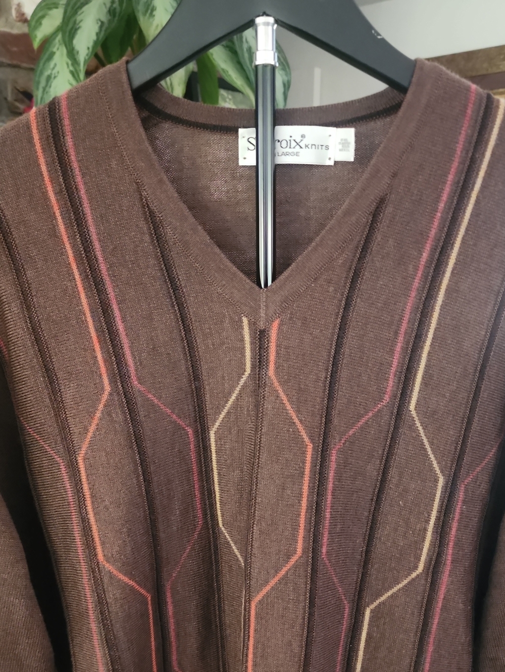 St. Croix Knits Large 85% Wool Brown Geometric V-Neck Sweater Grandpacore - Picture 3 of 9